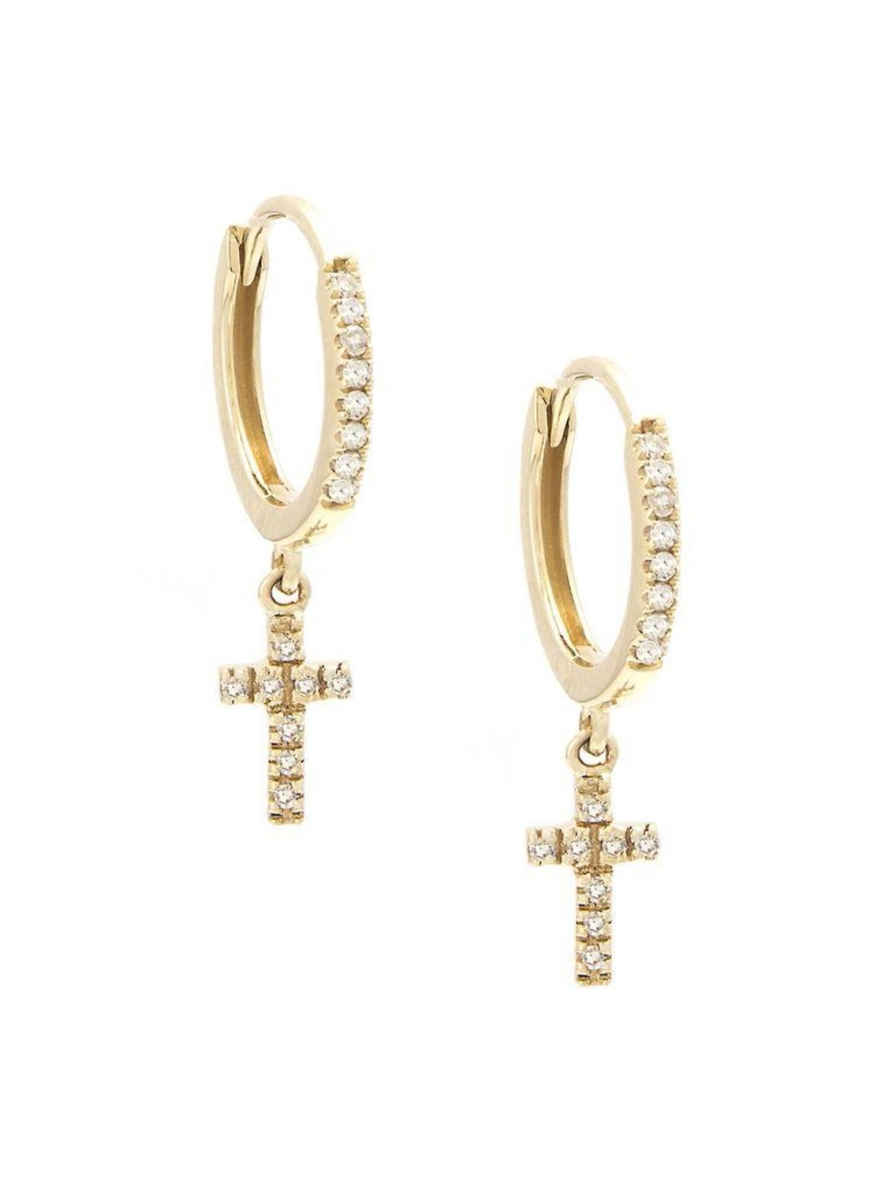14K Real Solid Yellow Gold Natural Diamond Cross Hoop Earrings 20mm